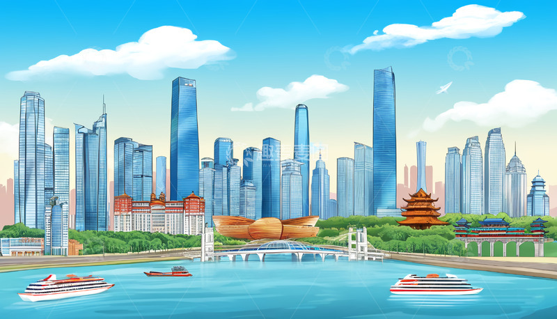 高清大图下载【趣麦麦图】重庆地标古建筑现代大厦场景插画