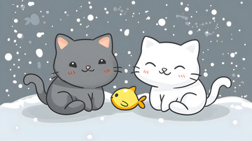 卡通两只猫咪雪中玩耍插画