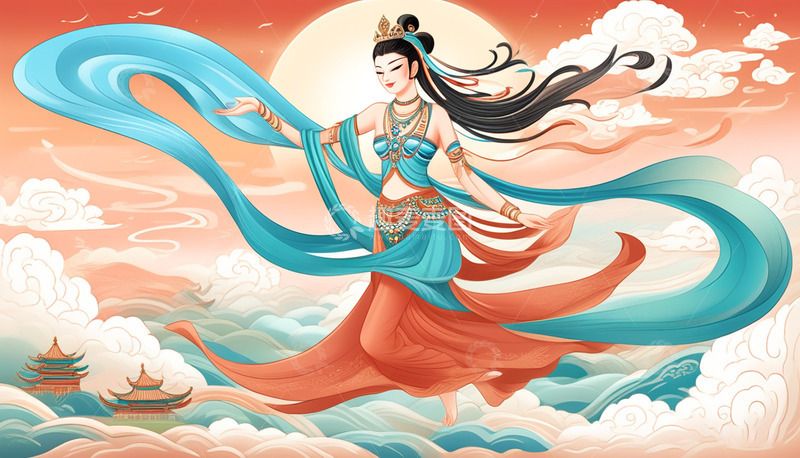 高清大图下载【趣麦麦图】敦煌飞天仙女插画
