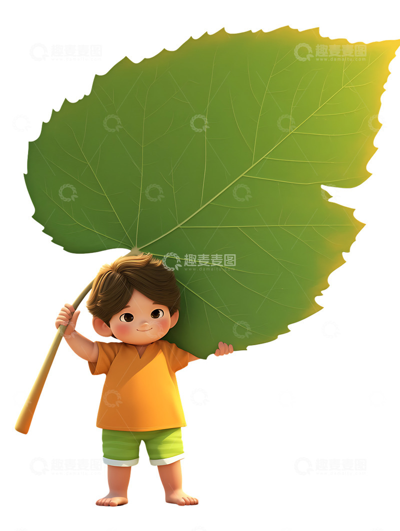 高清大图下载【趣麦麦图】可爱的小朋友撑着叶子