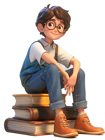 男孩子坐在书上