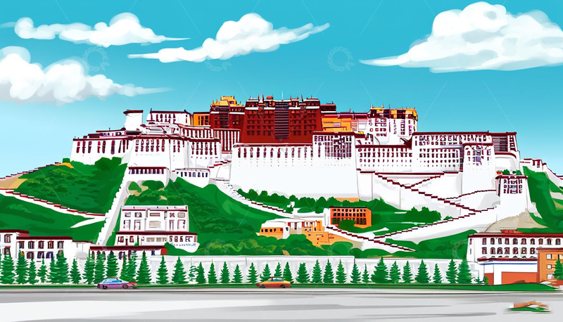 高清大图下载【趣麦麦图】拉萨布达拉宫插画