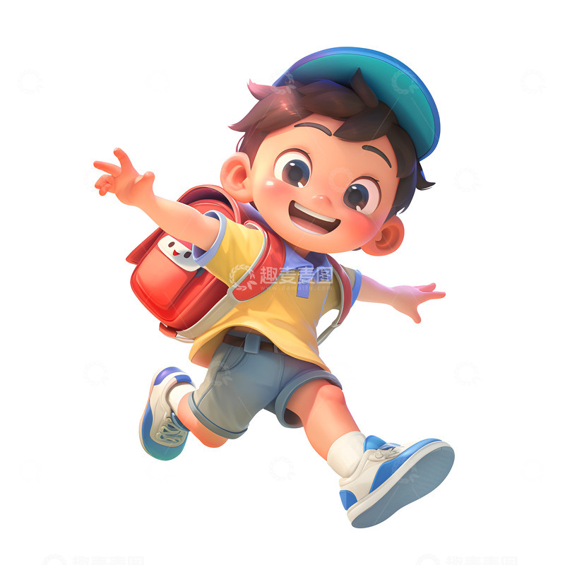 高清大图下载【趣麦麦图】背着书包开心起飞的少年