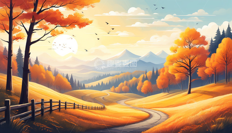 高清大图下载【趣麦麦图】蓝天白云下一大片金黄色的山地插画