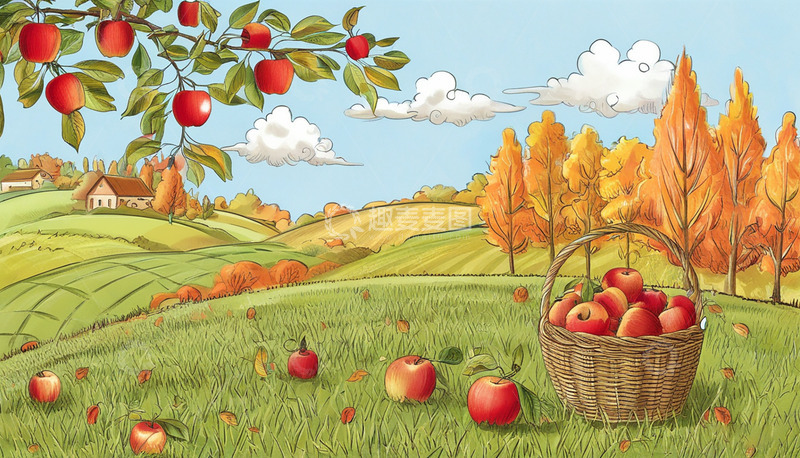 高清大图下载【趣麦麦图】苹果树上的红色苹果插画