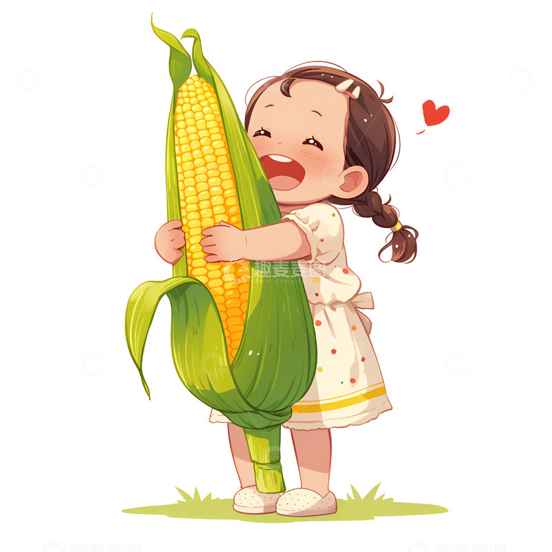 高清大图下载【趣麦麦图】抱着玉米的小女孩
