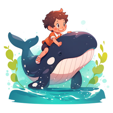 骑在鲸鱼背上的男孩