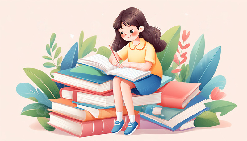 高清大图下载【趣麦麦图】认真看书的卡通小女孩