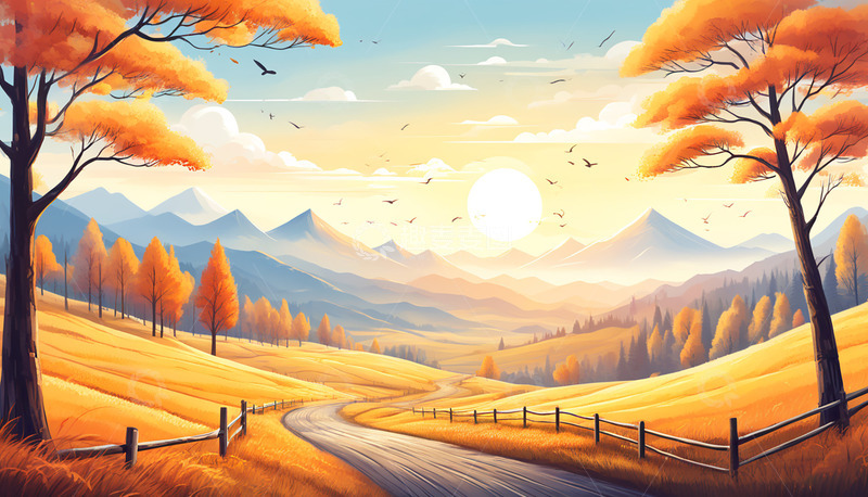 高清大图下载【趣麦麦图】一大片金黄色的山地插画