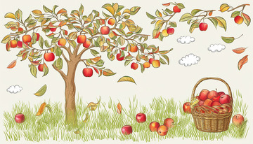 苹果树结满满红色苹果插画