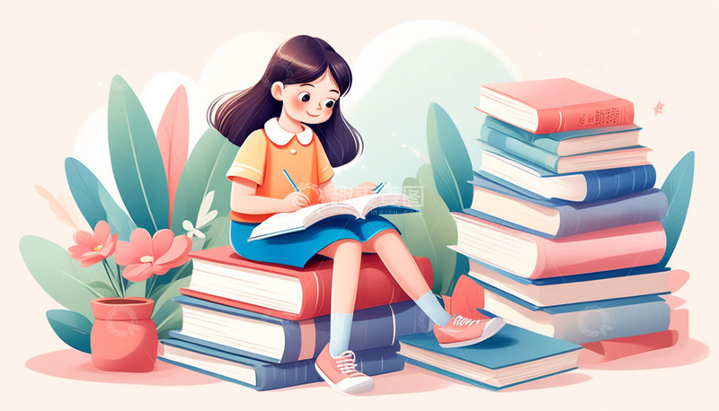 高清大图下载【趣麦麦图】打开书本认真看书的卡通小女孩