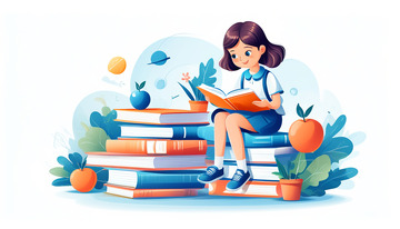 摆满书籍树上学习的卡通女孩