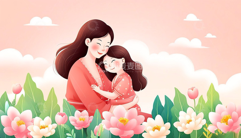 高清大图下载【趣麦麦图】母亲节母女温馨花草手绘插画暖色