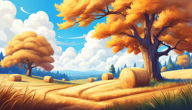 高清大图下载【趣麦麦图】秋天大树下的草垛插画