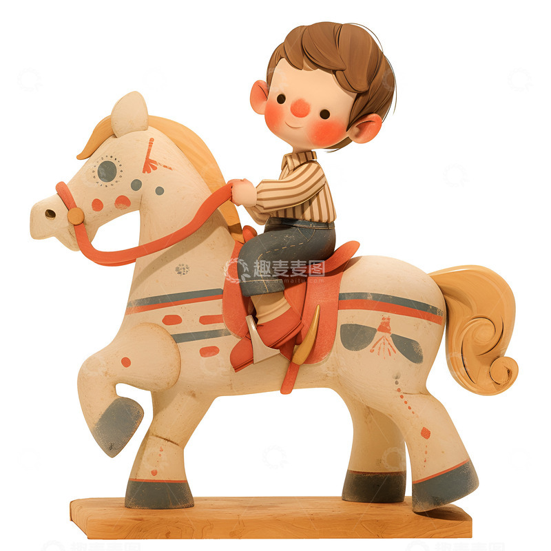 高清大图下载【趣麦麦图】骑着白马的小孩泥塑摆件