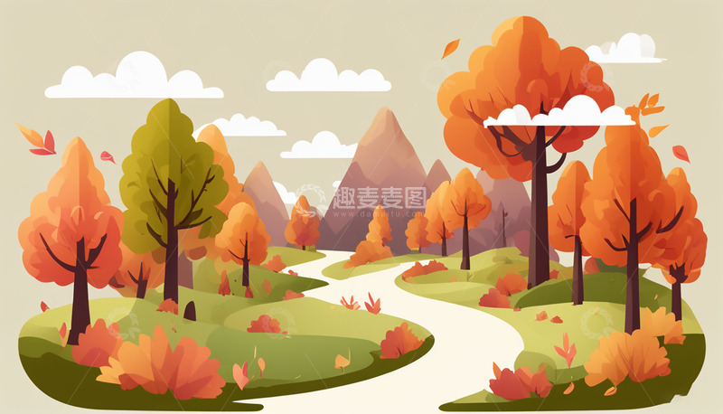 高清大图下载【趣麦麦图】秋天山上的森林唯美插画风景