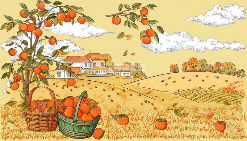 高清大图下载【趣麦麦图】美味诱人的果实挂在树上插画