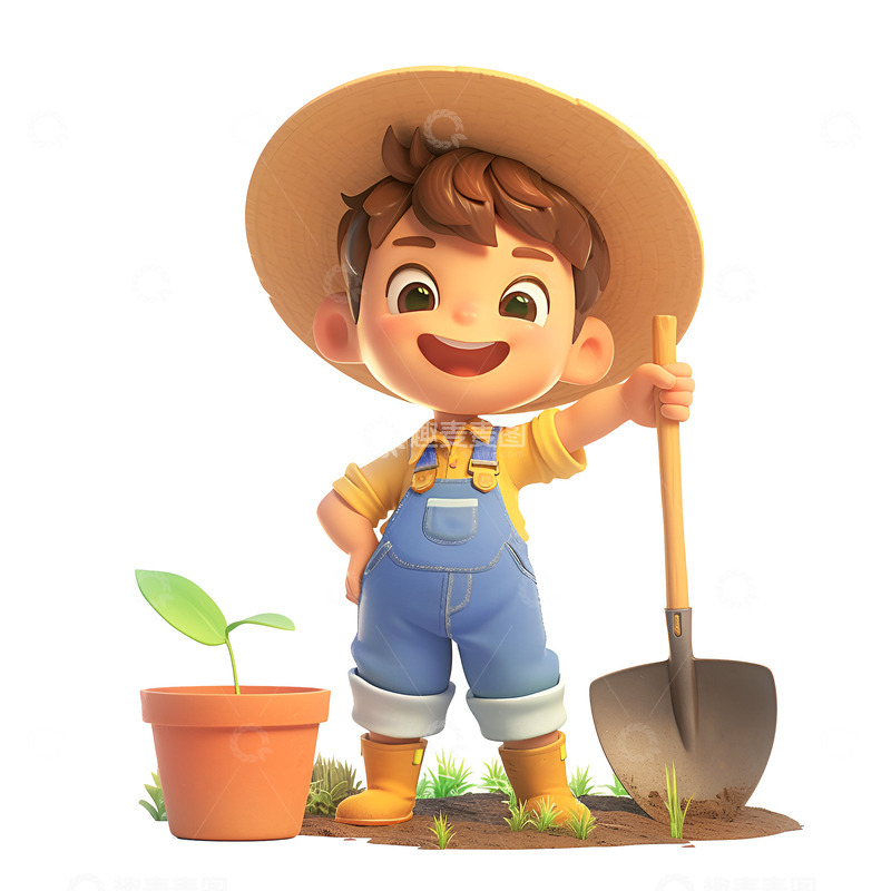 高清大图下载【趣麦麦图】拿着铲子种花的小孩