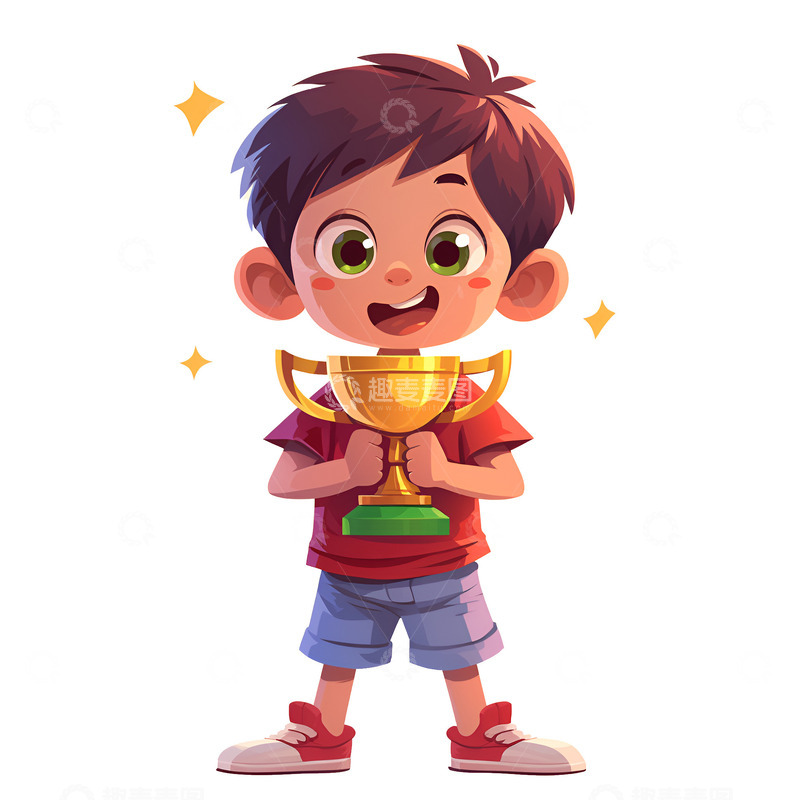 高清大图下载【趣麦麦图】拿着奖杯的男孩