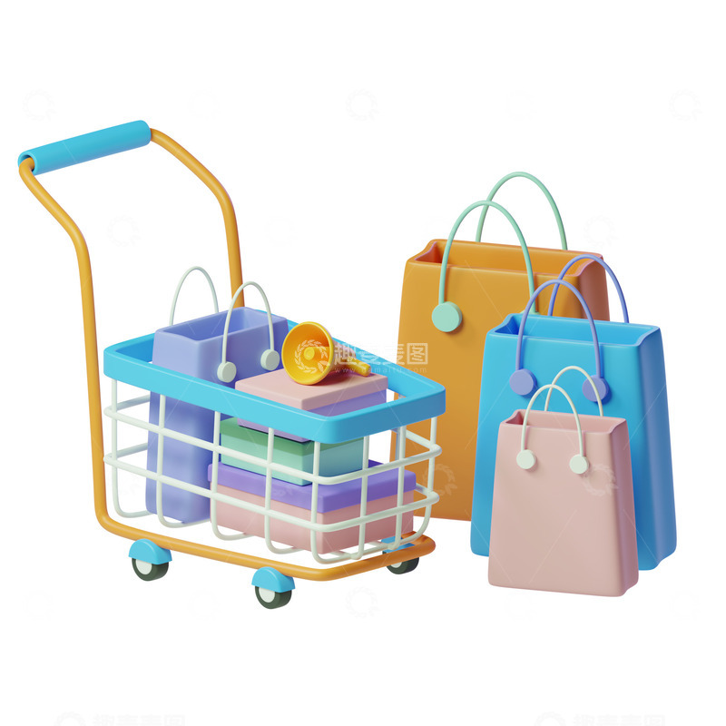 源文件下载【趣麦麦图】卡通礼品购物袋购物车3D促销元素
