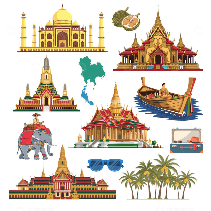 高清大图下载【趣麦麦图】泰国元素组合矢量素材