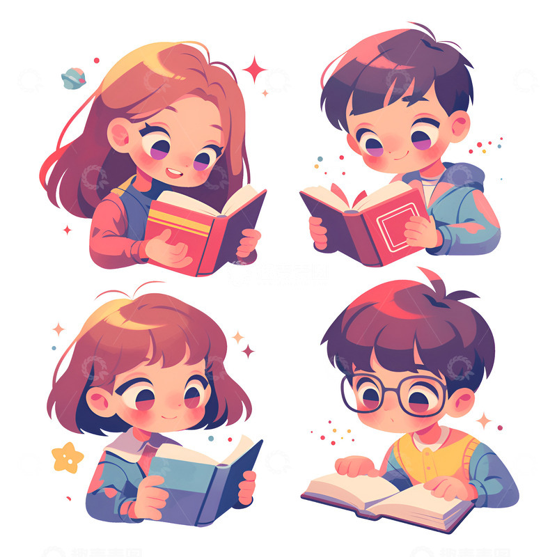高清大图下载【趣麦麦图】四个看书的小朋友