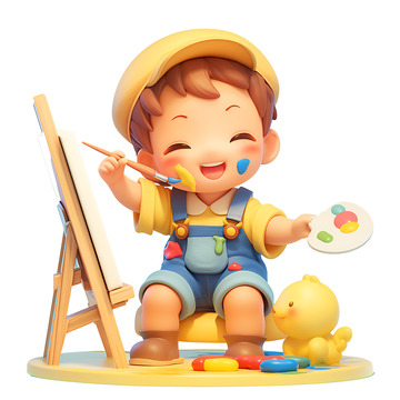 坐在画架前绘画的小孩