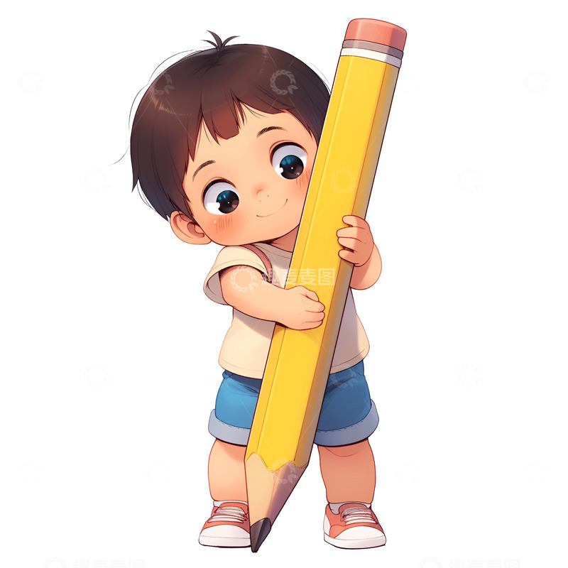 高清大图下载【趣麦麦图】抱着一只铅笔写字的孩子