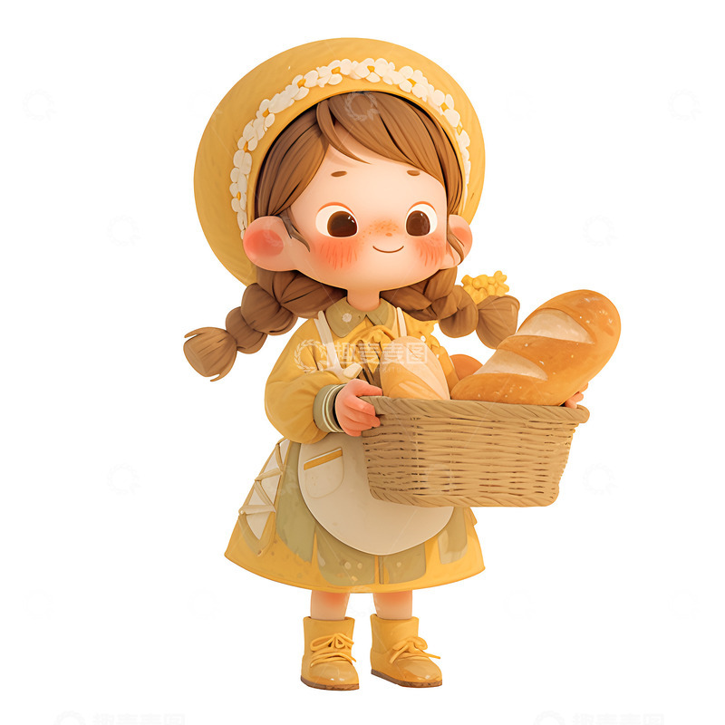 高清大图下载【趣麦麦图】抱着一筐面包的女孩