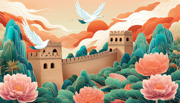 万里长城中国山河插画