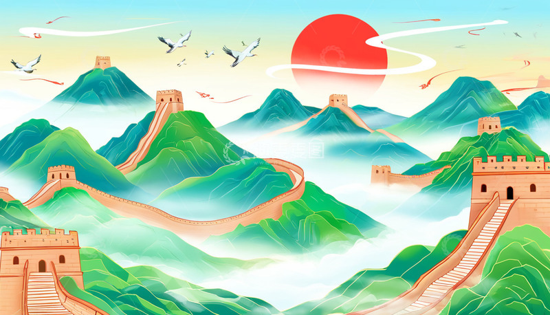 高清大图下载【趣麦麦图】长城红丝绸飞机白鸽党建场景插画