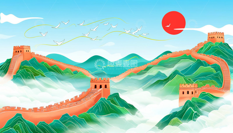 高清大图下载【趣麦麦图】长城白鸽党建场景插画