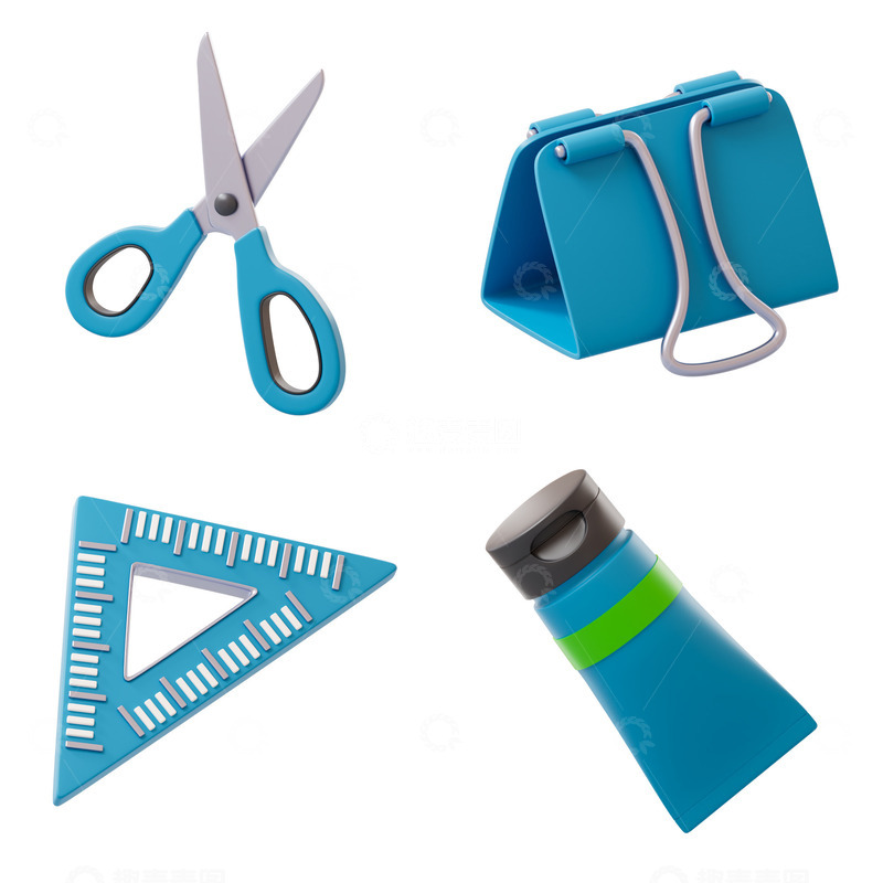 源文件下载【趣麦麦图】3D手工工具三角尺夹子剪刀模型
