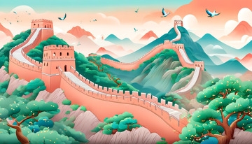 山脉中的万里长城插画