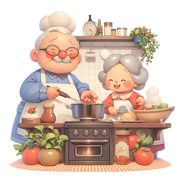 一起做饭的老年夫妻