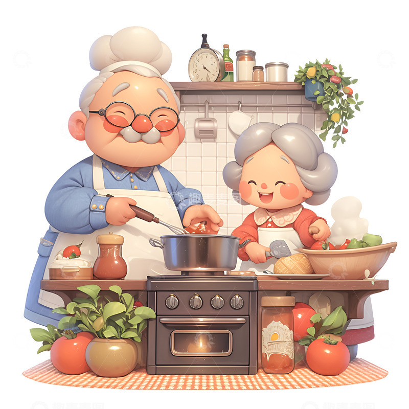 高清大图下载【趣麦麦图】一起做饭的老年夫妻