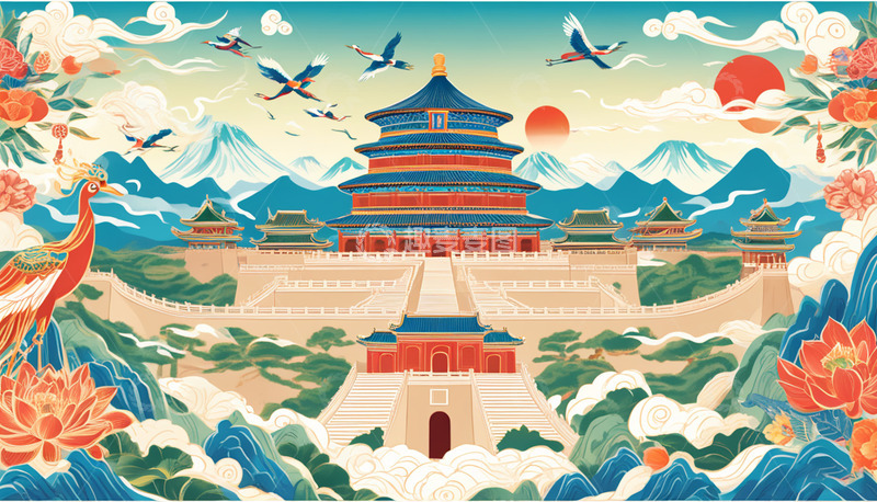 高清大图下载【趣麦麦图】国潮建筑创意海报插画