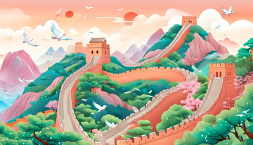 夕阳下的万里长城插画