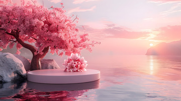 粉色樱花树与湖面夕阳美景浪漫场景