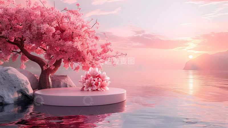 高清大图下载【趣麦麦图】粉色樱花树与湖面夕阳美景浪漫场景