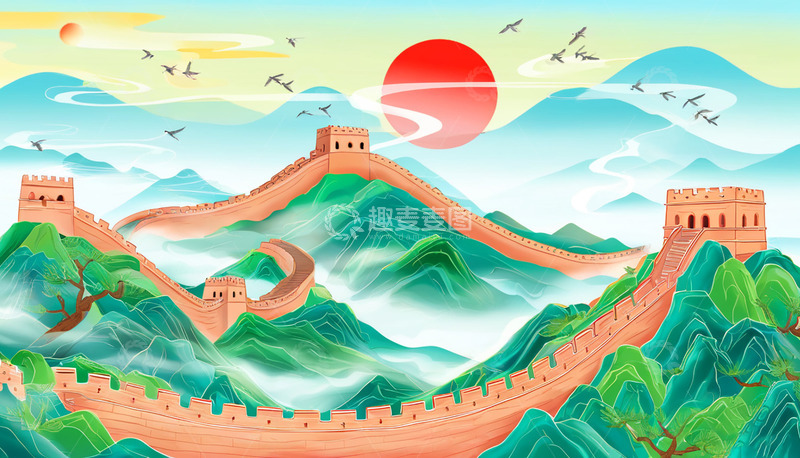 高清大图下载【趣麦麦图】长城万里江山党建场景插画