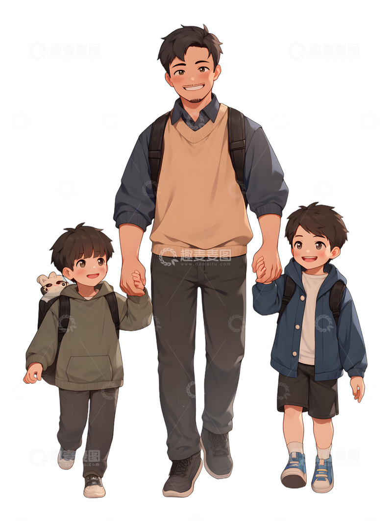 高清大图下载【趣麦麦图】夫妻带着两个小孩学生开学