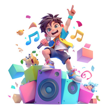 踩着音响唱歌的男孩