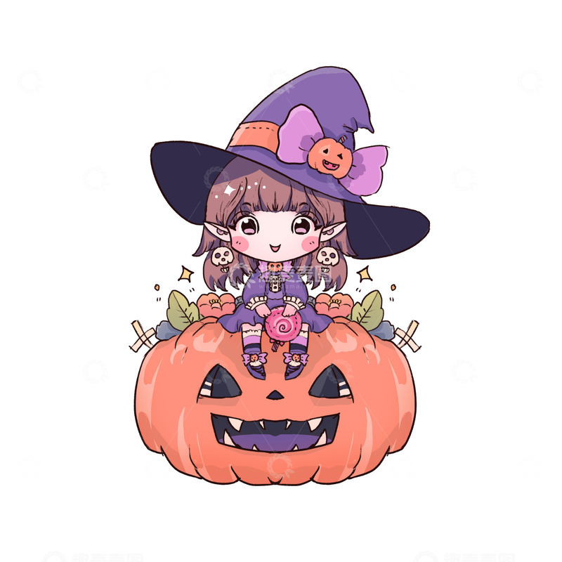 源文件下载【趣麦麦图】南瓜万圣节小魔女糖果小女巫搞怪
