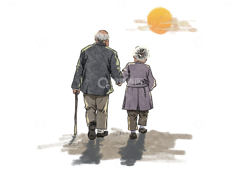 源文件下载【趣麦麦图】重阳节敬老老年人夕阳手绘国潮水墨国画