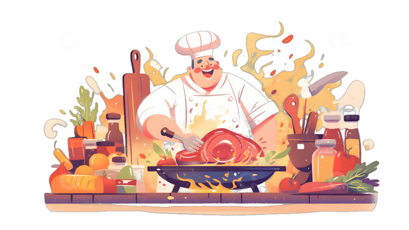 高清大图下载【趣麦麦图】卡通厨师烹饪牛排厨房插画