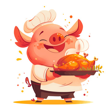 一个猪大厨端着一盘烤鸡