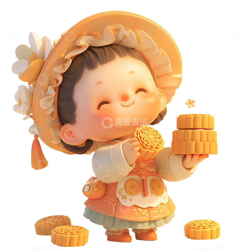 高清大图下载【趣麦麦图】拿着月饼的小女孩