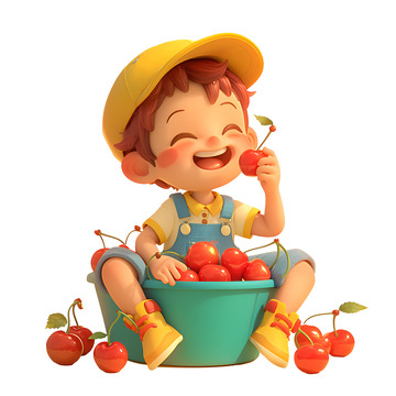 坐着吃樱桃的小男孩