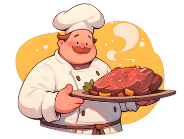 卡通厨师烤火腿插画